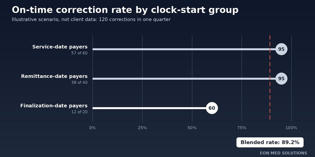 Lollipop chart showing an 89.2 percent blended on-time correction rate hiding a 60 percent group