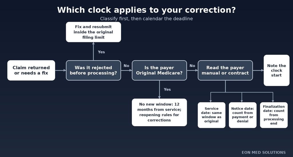 Flowchart classifying a returned claim as rejected, Medicare, or payer-specific to find its correction clock