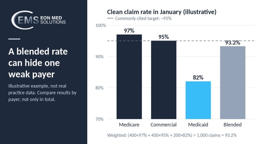 Bar chart of illustrative clean claim rates: Medicare 97%, Commercial 95%, Medicaid 82%, blended 93.2%