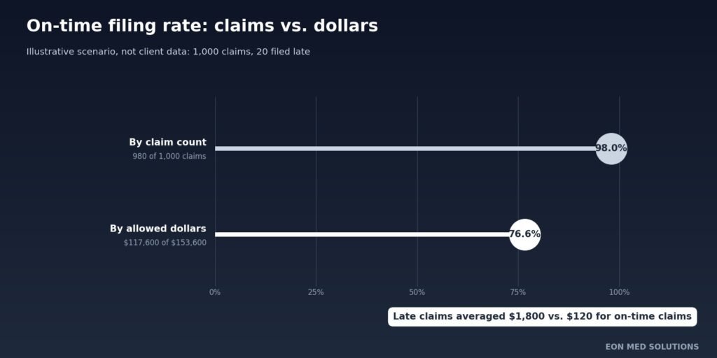 Bar chart comparing a 98.0% on-time filing rate by claim count with 76.6% by allowed dollars (illustrative)