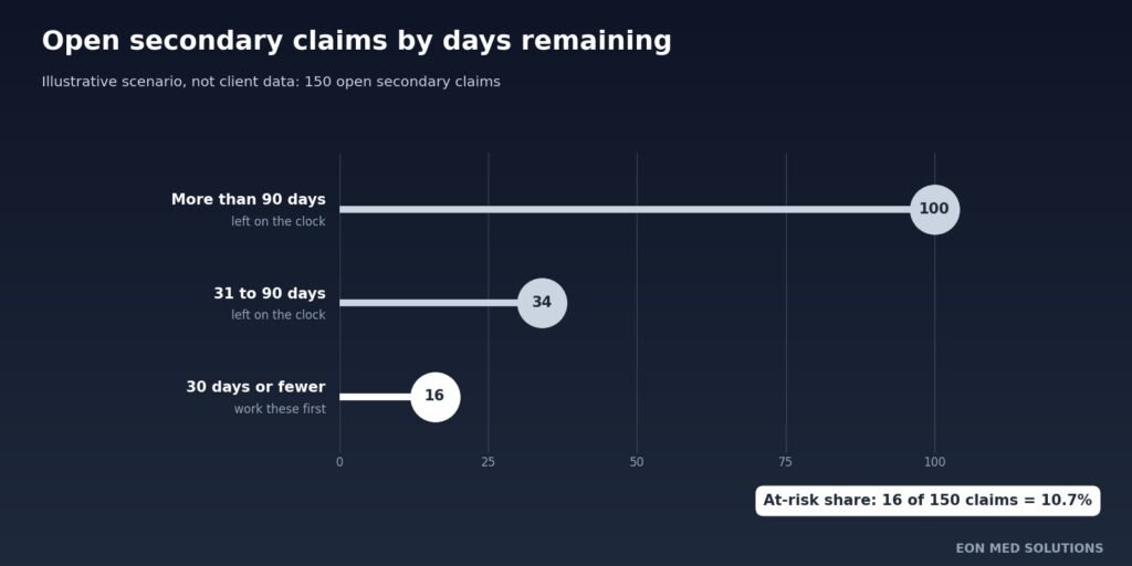 Bar chart of 150 open secondary claims grouped by days remaining, with 16 claims inside 30 days (illustrative)