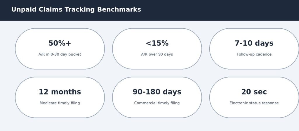 Key unpaid claims tracking benchmarks including aging bucket targets and timely filing windows