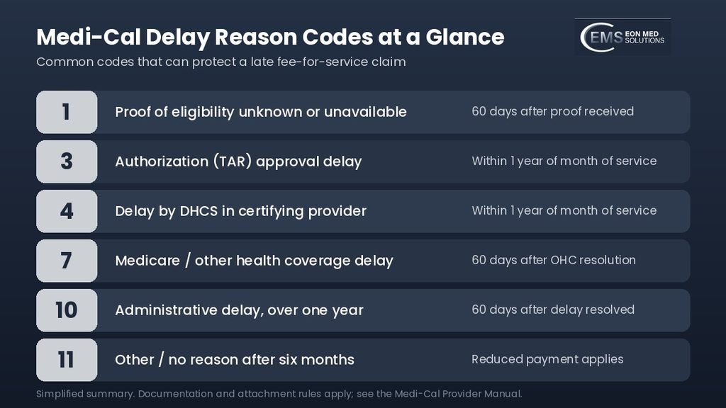 Summary of Medi-Cal delay reason codes 1, 3, 4, 7, 10, and 11 with filing windows
