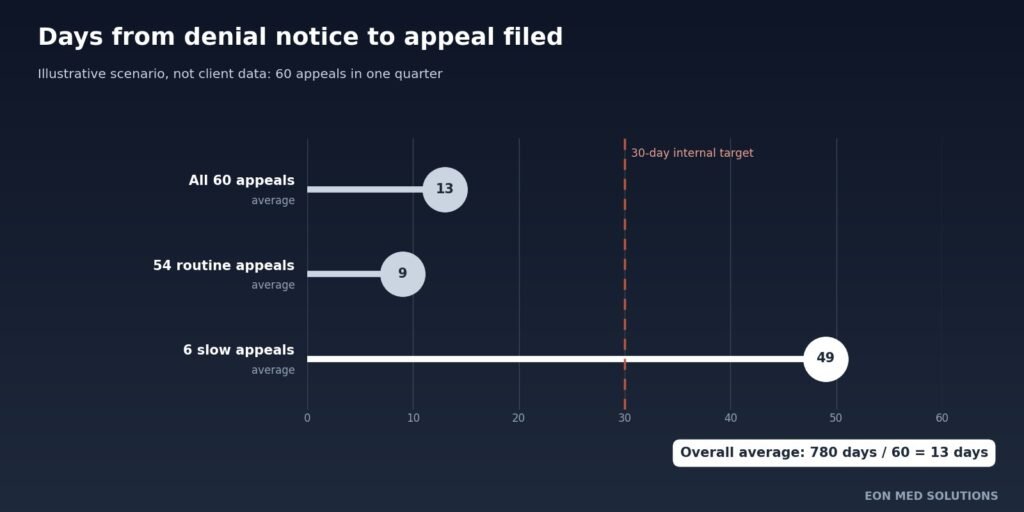 Horizontal bar chart showing a 13-day average time to appeal, with six slow appeals averaging 49 days against a 30-day target (illustrative)