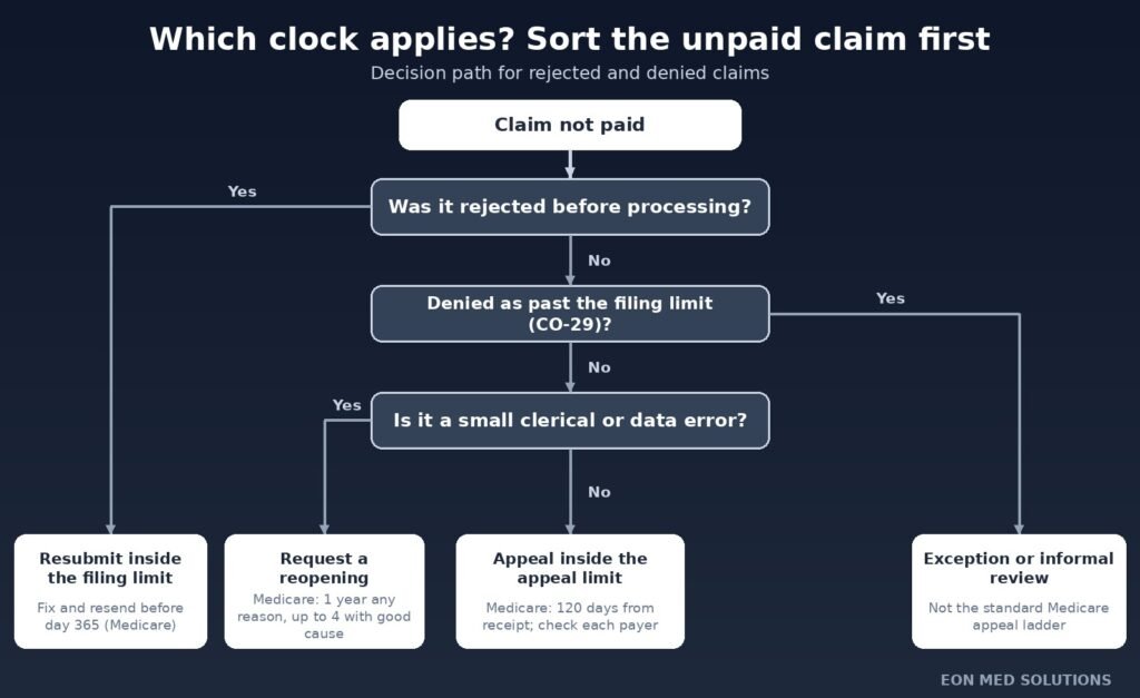 Decision path for sorting a rejected or denied claim into resubmission, reopening, appeal, or exception