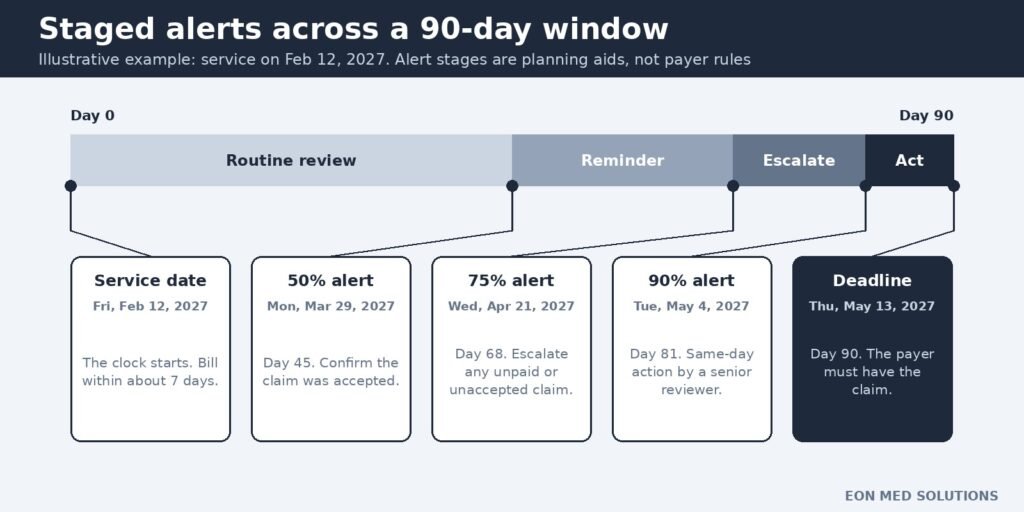 Timeline of a 90-day filing window with 50, 75, and 90 percent alerts and dated milestones