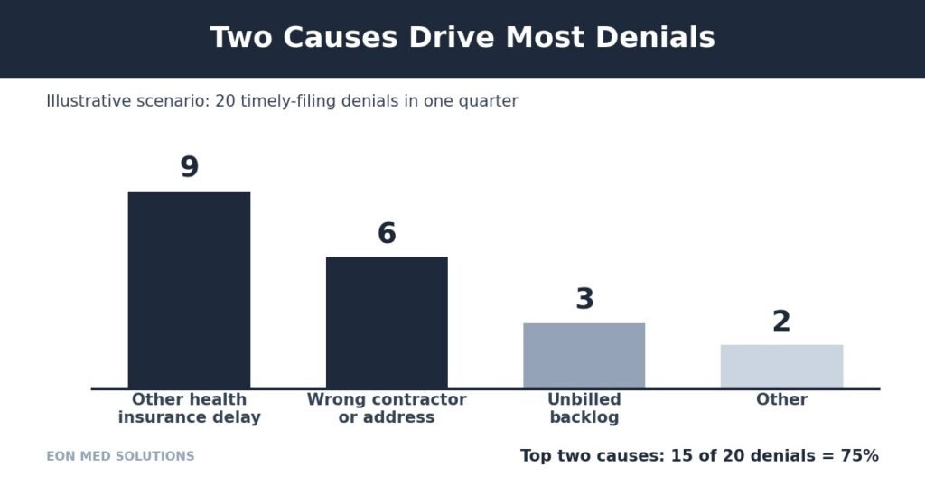 Bar chart: two root causes behind 15 of 20 TRICARE timely-filing denials (illustrative)