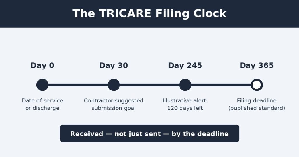 Timeline of the TRICARE timely filing limit from date of service to day 365