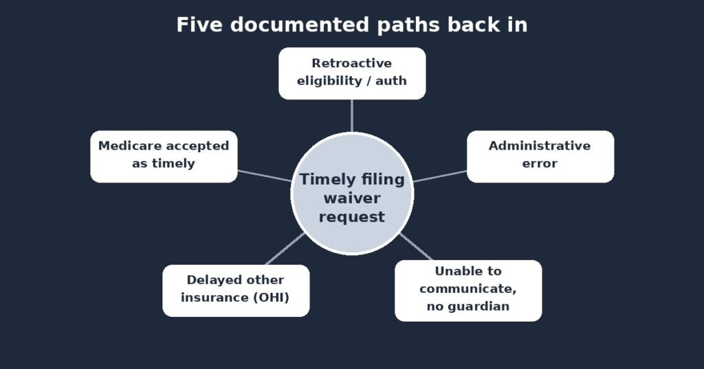 Graphic of five exceptions supporting a TRICARE timely filing waiver request