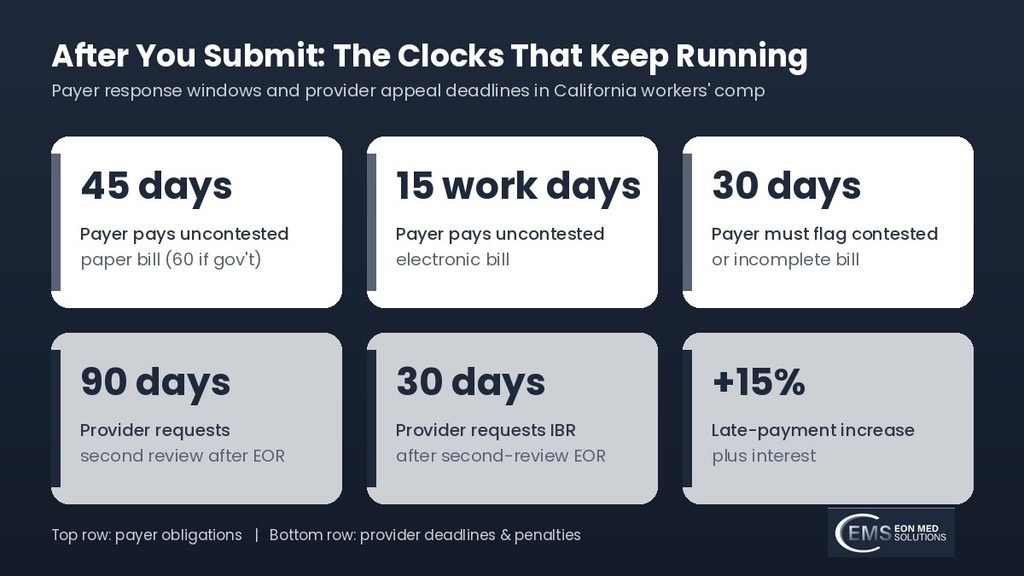 Workers' comp payer payment windows and provider second review and IBR deadlines