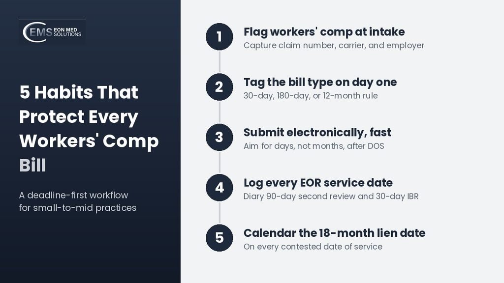Five-step workflow to meet workers' comp timely filing deadlines in a medical practice