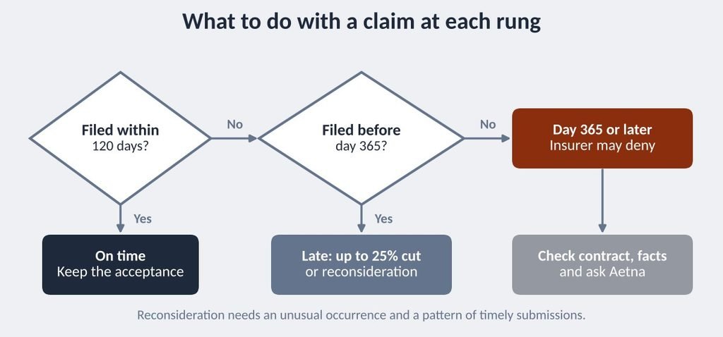 Flowchart for what to do with an Aetna New York claim at day 120, between days 121 and 364 and at day 365