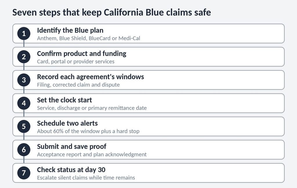 Seven-step workflow for keeping California Blue plan claims inside the filing window