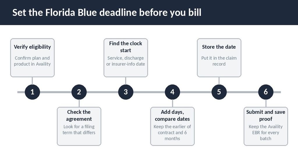 Six-step timeline for setting a Florida Blue claim filing deadline before billing