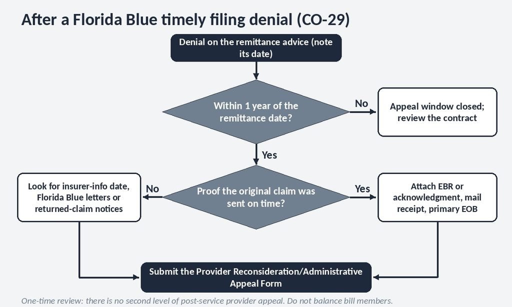 Decision flowchart for appealing a Florida Blue timely filing denial with proof of timely filing
