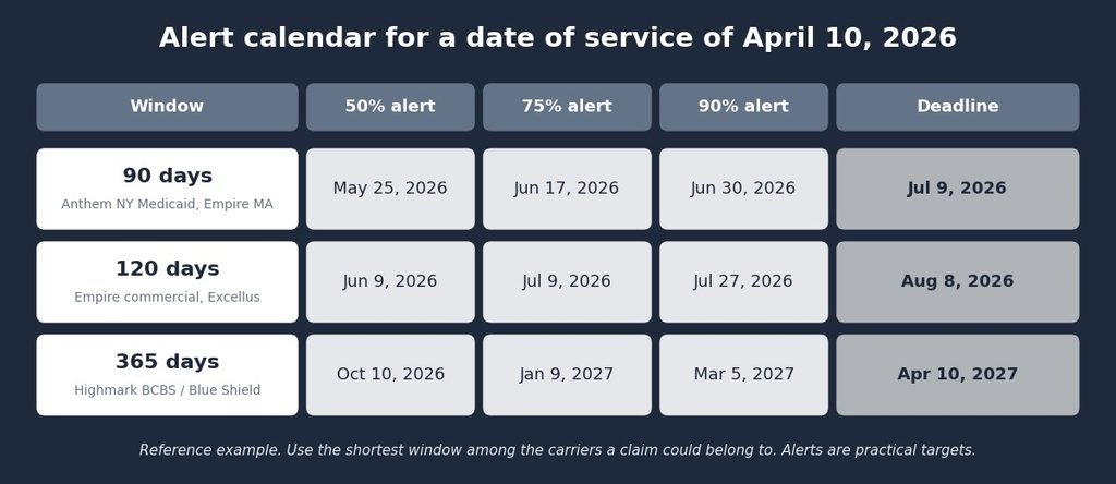 Alert calendar showing 50, 75 and 90 percent alert dates for 90, 120 and 365 day Blue filing windows