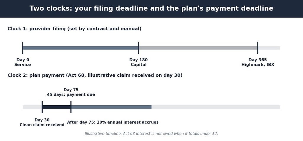 Two timelines contrasting the provider filing deadline with the Act 68 plan payment deadline