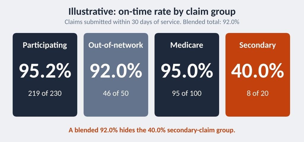 Illustrative tiles showing on-time submission rates for four Cigna claim groups with secondary claims at 40 percent