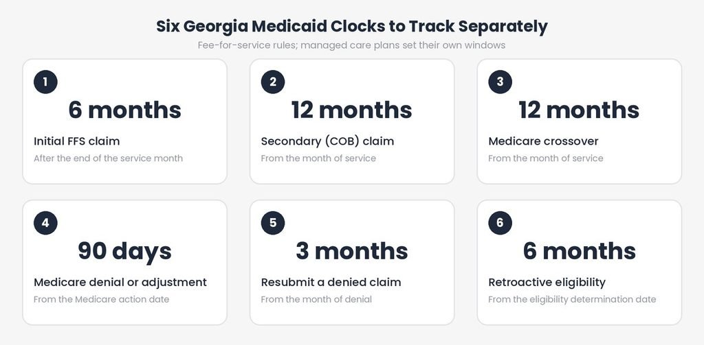 Six cards showing Georgia Medicaid claim clocks: six months, 12 months, 12 months, 90 days, three months and six months