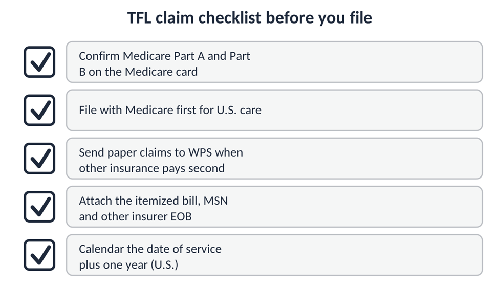 Five-item checklist for filing a TRICARE For Life claim with Medicare and other insurance