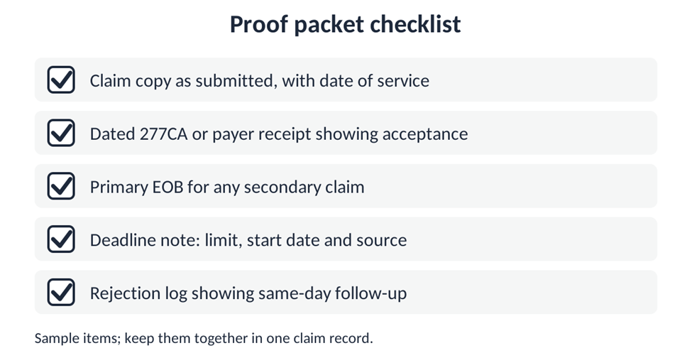 Checklist of five items for a proof of timely filing packet