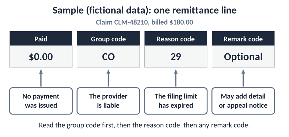 Annotated sample remittance line showing paid amount, group code CO, reason code 29 and remark code