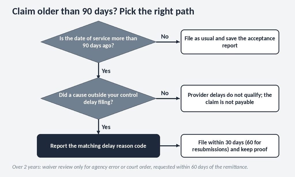 Decision flowchart for a New York Medicaid claim older than 90 days and its delay reason code