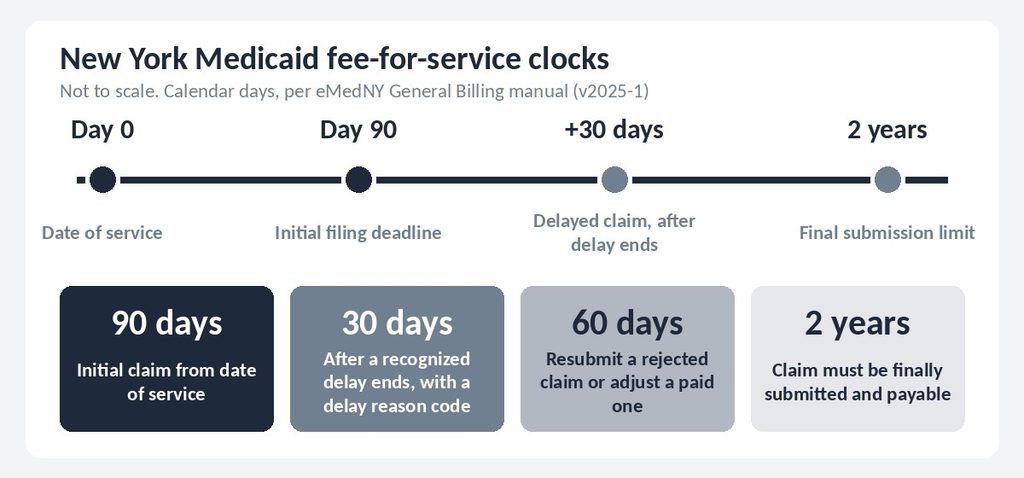 Timeline of New York Medicaid fee-for-service clocks: 90 days, 30 days, 60 days and 2 years