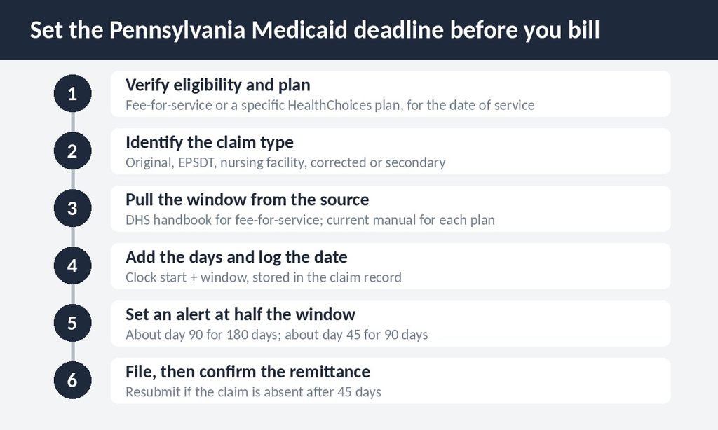 Six-step process for setting a Pennsylvania Medicaid claim filing deadline before billing