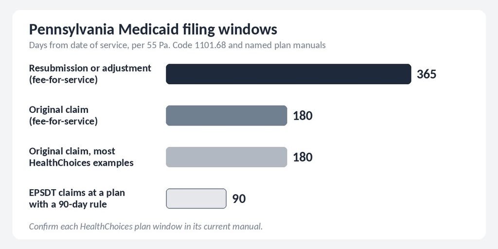 Bar chart of Pennsylvania Medicaid filing windows: 365 days resubmission, 180 days original, 90 days EPSDT at some plans