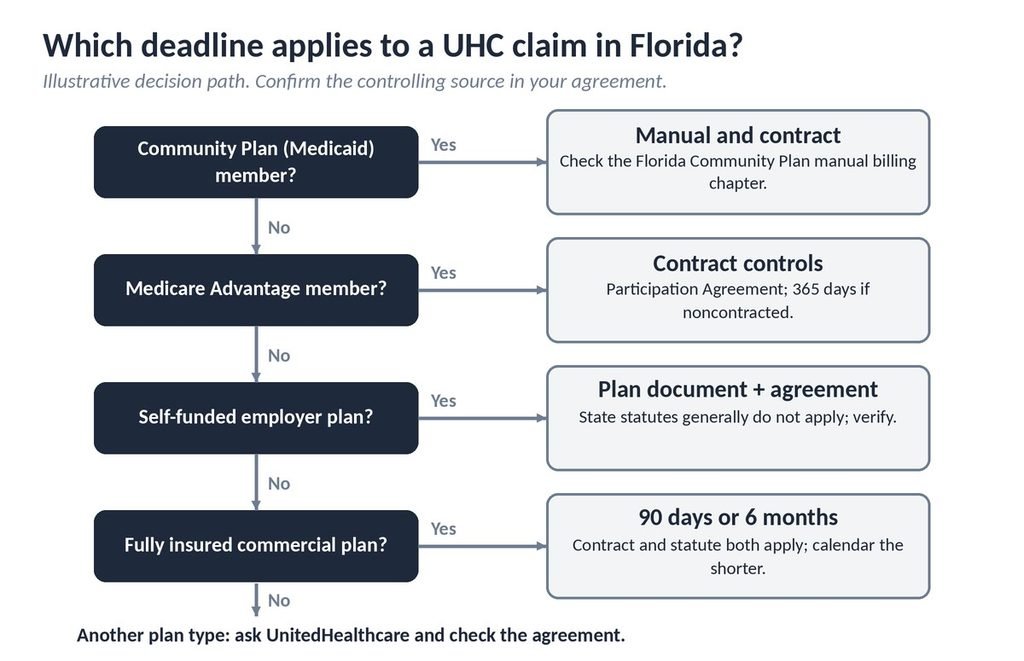 Decision flowchart showing which UnitedHealthcare filing deadline applies to a Florida claim by plan type