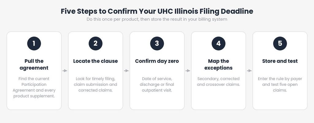 Five numbered steps for confirming a UnitedHealthcare filing deadline from the participation agreement