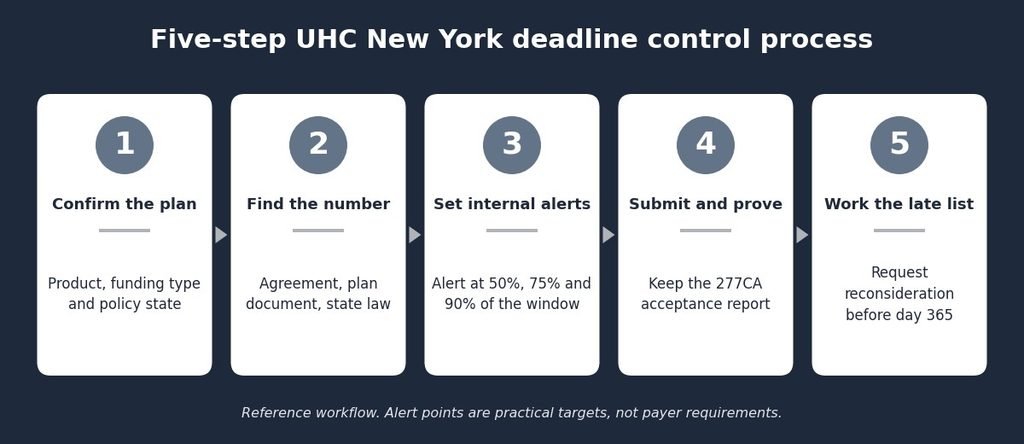 Five-step workflow for tracking UnitedHealthcare claim filing deadlines in New York