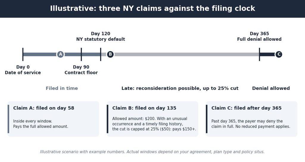 Timeline of three illustrative claims filed on day 58, day 135 and after day 365 against New York filing limits