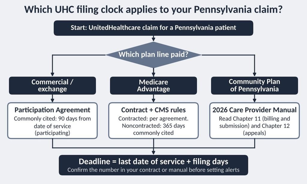 Decision flowchart showing how to find which UHC filing clock applies by plan type