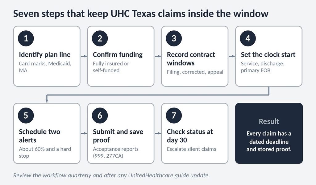 Seven-step workflow for keeping UnitedHealthcare Texas claims inside the filing window